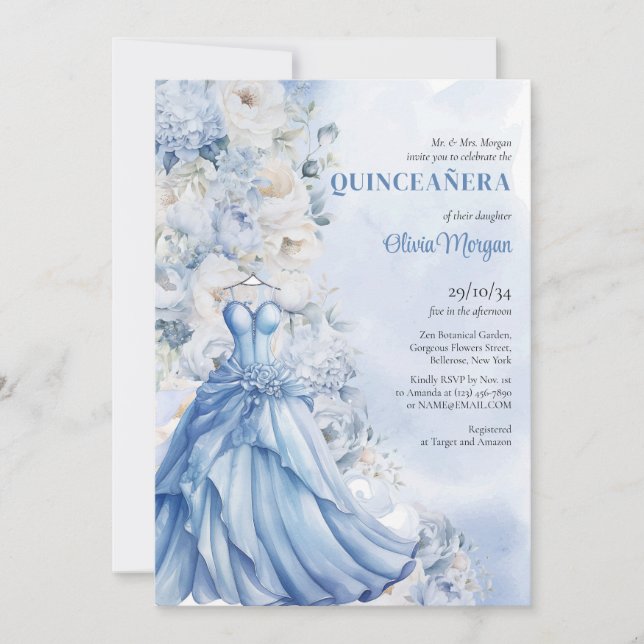 Weiches Pulver blau florale Formkleid Quinceañera Einladung (Vorderseite)