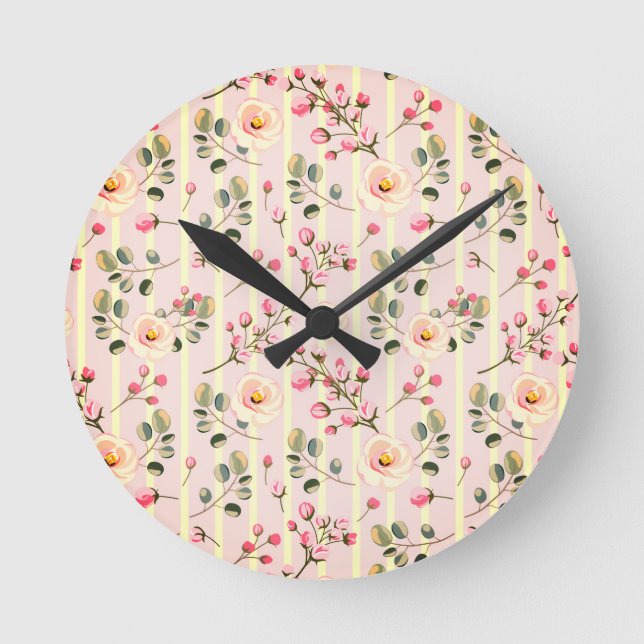 Weiches rosa Blumenstreifenmuster Runde Wanduhr (Vorderseite)