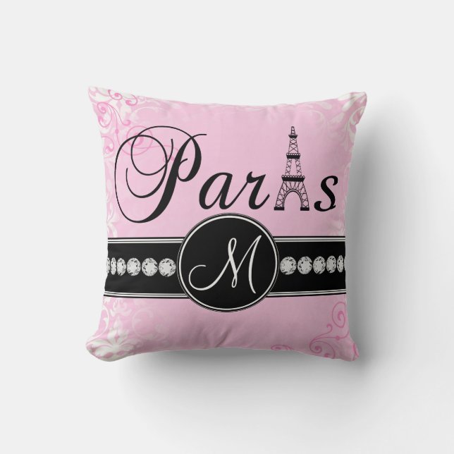 Weiches rosa Damast-Schwarz-Paris-Monogramm-Kissen Kissen (Vorderseite)