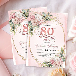 Weiches Rosa Florales Grün Gold Glitter 80. Geburt Einladung