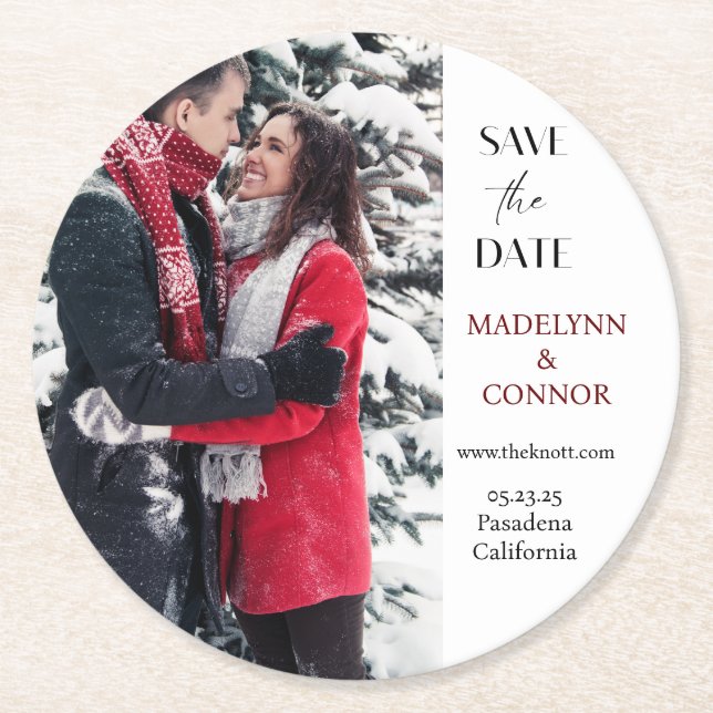 Weiches Skript-Foto Save the Date Rundpapier-Coes Runder Pappuntersetzer (Vorderseite)