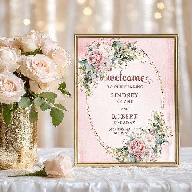 Weiches Staubrosa Blumengrüner Willkommensschild Poster (Soft Dusty Pink Floral Greenery Welcome Sign)