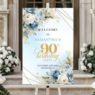 Weiches Wasserfarbblau Florales Goldrahmen 90. Geb Poster