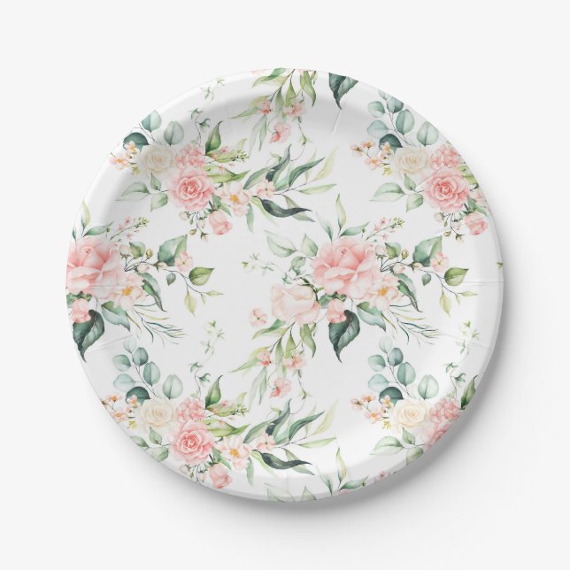 Weichpastellmuster in Rosa Rose Blume Pappteller (Vorderseite)