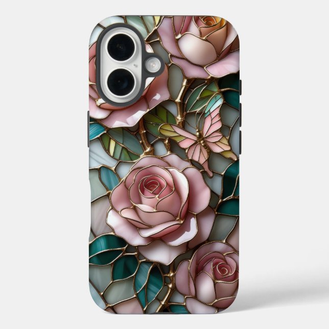 Weichrosa Rosen aus Luxuriös gepolstertem Glas iPhone 16 Hülle (Rückseite)