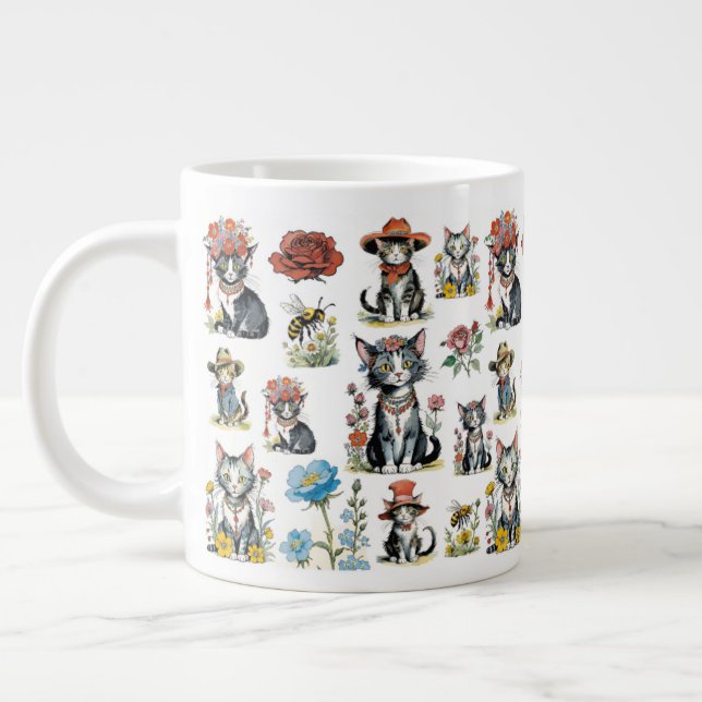 Weichtältige Katzen in Hennen mit Blume und Bienen Jumbo-Tasse (Links)