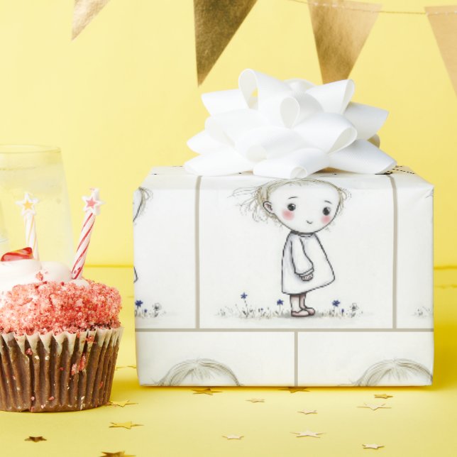 Weichteil-Girl-Doodle bei Wildblumen Geschenkpapier (Geburtstagsparty)