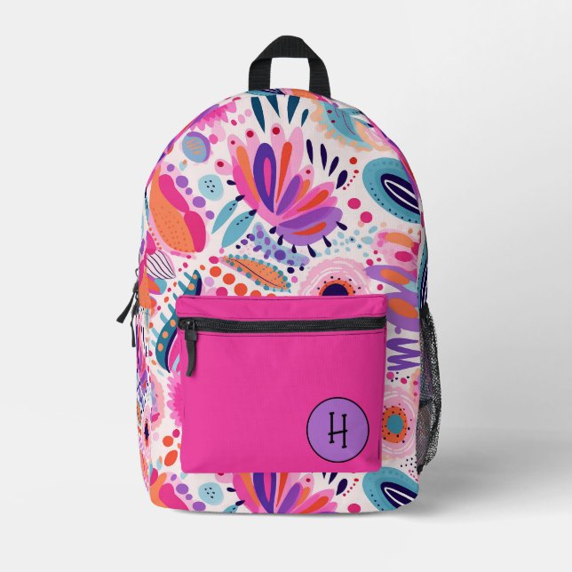 Weichtrosa und Lila florale Monogramm Bedruckter Rucksack (Vorderseite)