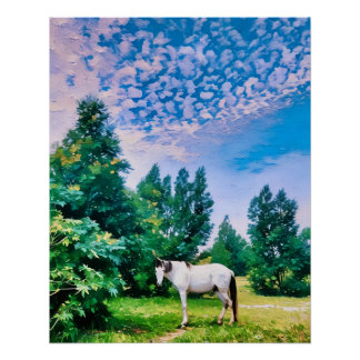Weide des Weißen Pferdes auf der Wiese Serene Gree Poster