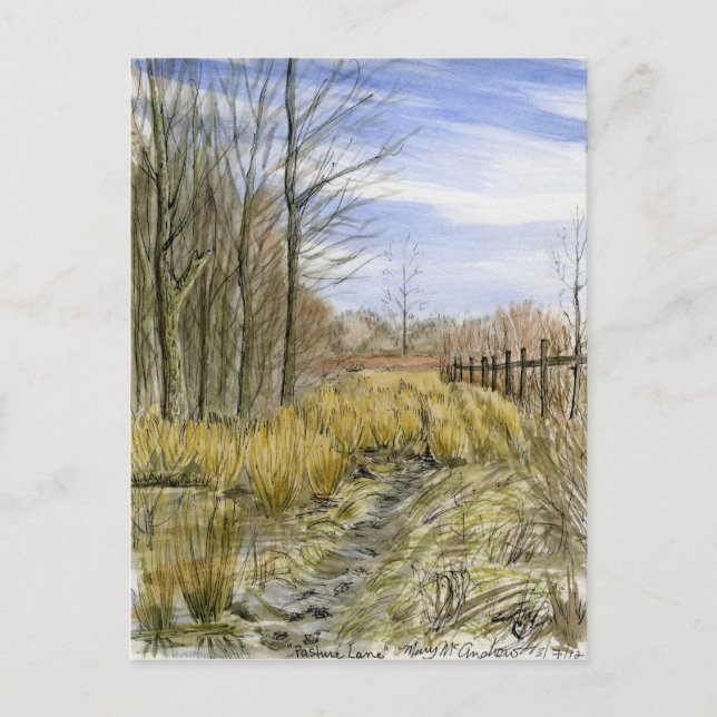 "Weideland im frühen März" Aquarelllandschaft Postkarte (Vorderseite)