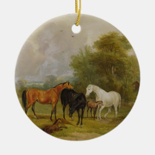 Weiden lassende Pferde: Stuten und Fohlen auf Keramikornament