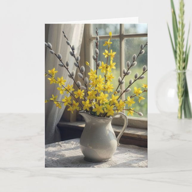 Weidenkätzchen und Forsythienstrauß Karte (Vorderseite)