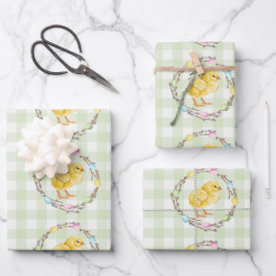 Weidenkranz mit Eiern und Küken Grün kariert Geschenkpapier Set