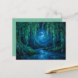 Weidenmond Fließender Fluss Nacht Grün Blau Postkarte