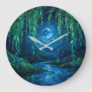 Weidenmond Saille Fließender Fluss Grüne Blaue Nac Große Wanduhr