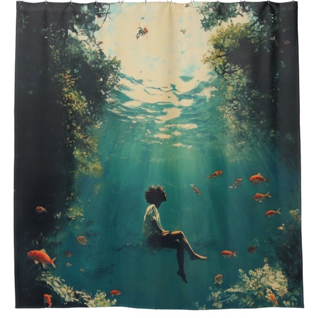 🌊 Weightless Reverie - Surrealistische Dreamscape Duschvorhang (Vorderseite)