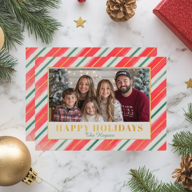 Weihnachten (red, green and gold striped christmas greeting card)