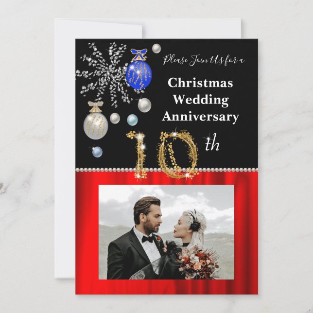 Weihnachten 10. Hochzeitstag Schwarz & Gold Einladung (Vorderseite)