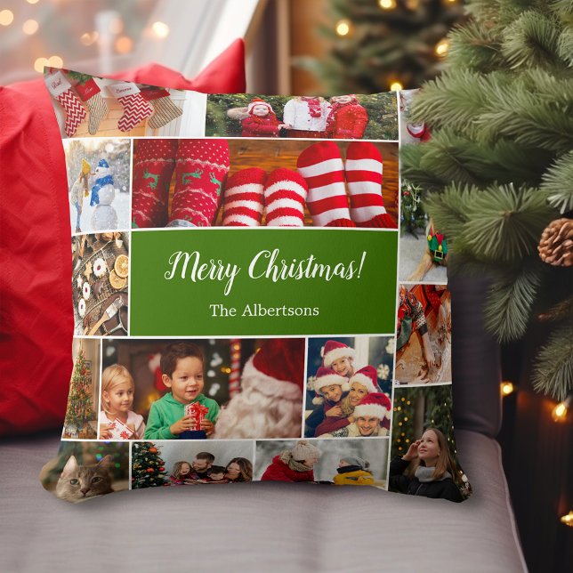 Weihnachten 15 FotoCollage mit Familienname Grün Kissen (Von Creator hochgeladen)