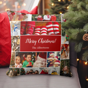 Weihnachten 15 FotoCollage mit Familienname Rot Kissen