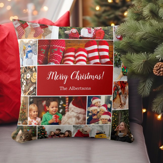 Weihnachten 15 FotoCollage mit Familienname Rot Kissen (Von Creator hochgeladen)