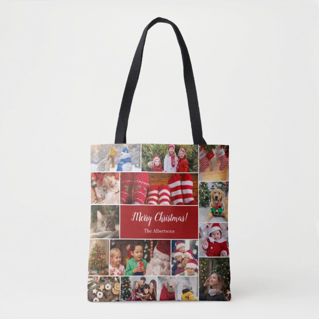 Weihnachten 15 FotoCollage mit Familienname Rot Tasche (Vorderseite)