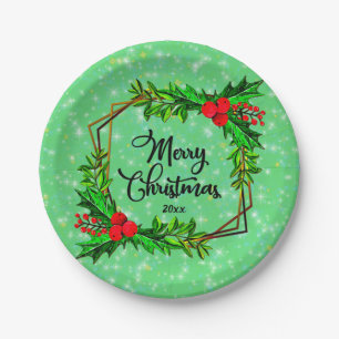 Weihnachten 20xx Holly Red Berries Modern Green 7" Pappteller