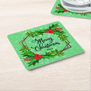 Weihnachten 20xx Holly Red Berries Modern Green Rechteckiger Pappuntersetzer