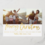 Weihnachten 2 Foto Gold Folien Feiertagskarte<br><div class="desc">Gold Drehbuch lustige Weihnachten Multi-Foto modernen Star Burst Design.</div>