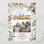 Weihnachten 3 Foto Botanischer Botanischer Blumeng Folien Feiertagskarte<br><div class="desc">Weiße Blüte auf Trend dunkle elegante Weihnachtswasserfarbe getrocknete botanische getönte Farben Feiertag Bogen 3 Foto Weihnachtskarte Design. mit echter Folienabschrift</div>