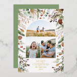 Weihnachten 3 Foto Botanischer Botanischer Blumeng Folien Feiertagskarte<br><div class="desc">Weiße Blüte auf Trend dunkle elegante Weihnachtswasserfarbe getrocknete botanische getönte Farben Feiertag Bogen 3 Foto Weihnachtskarte Design. mit echter Folienabschrift</div>