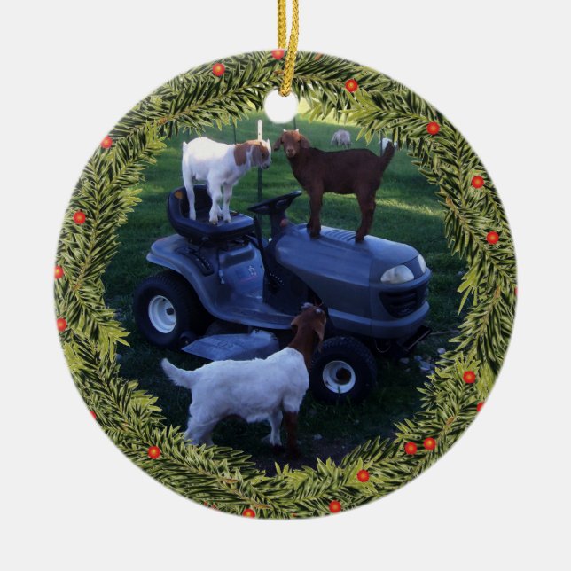 Weihnachten 3 Kinder auf einem Mäher Keramik Ornament (Vorne)