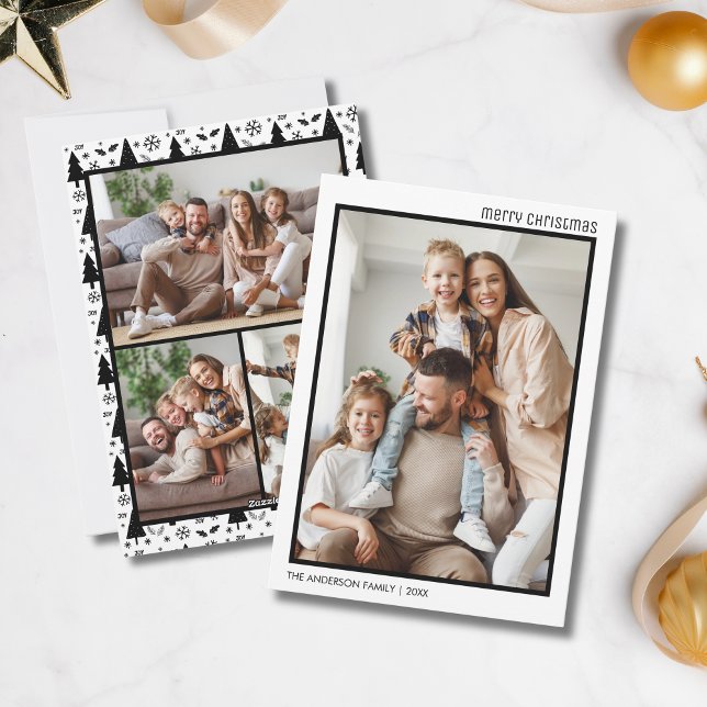 Weihnachten 4 Familienfoto Collage White Black (Christmas 4 Family Photo Collage White Black Holiday Card)