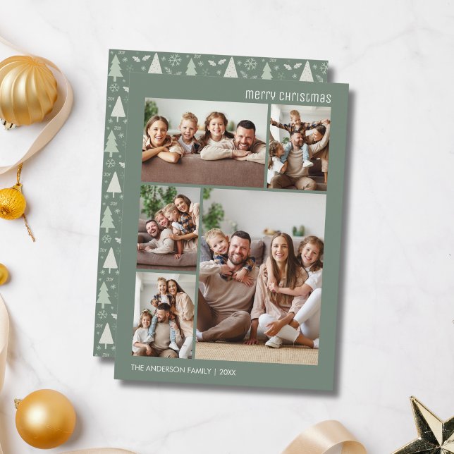 Weihnachten 5 Foto Collage Familie Sage Green (Christmas 5 Photo Collage Family Sage Green Holiday Card)