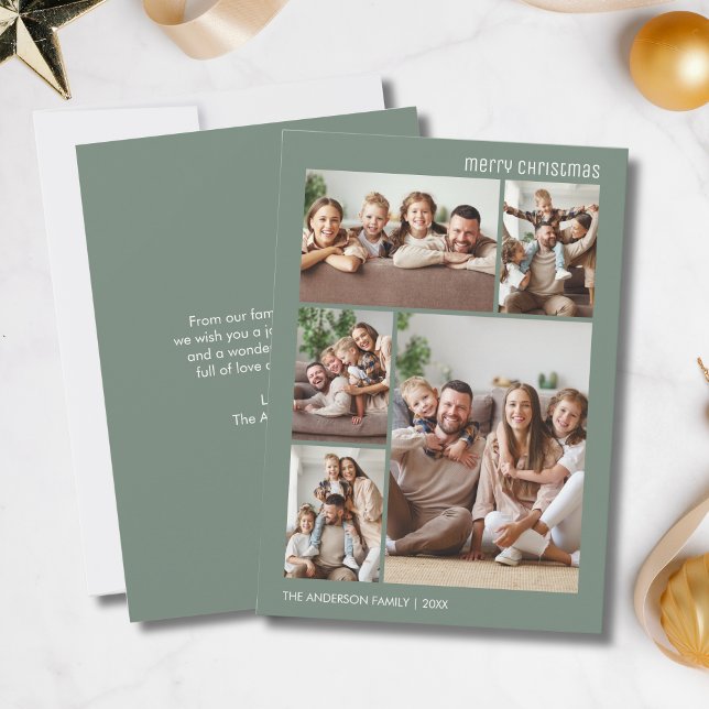 Weihnachten 5 Foto Collage Familie Sage Green (Christmas 5 Photo Collage Family Sage Green Holiday Card)
