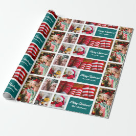 Weihnachten 5 Foto Collage mit Familienname, blau Geschenkpapier