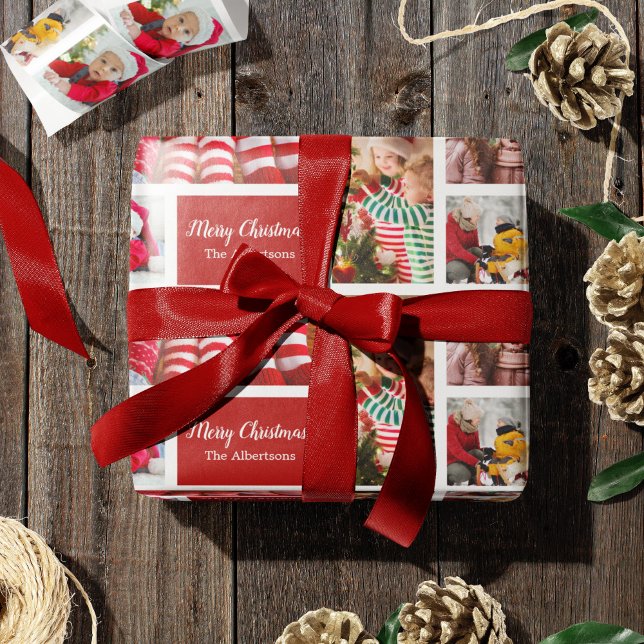 Weihnachten 5 FotoCollage mit Familienname, rot Geschenkpapier (Von Creator hochgeladen)