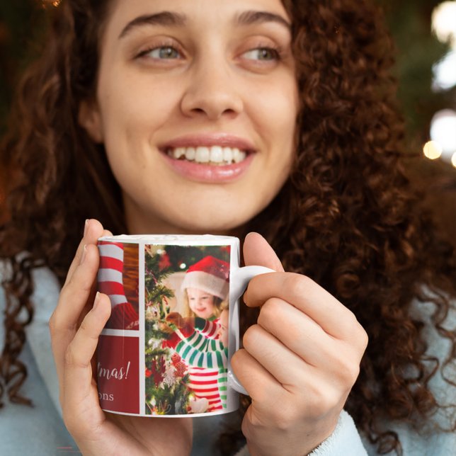 Weihnachten 5 FotoCollage mit Familienname, rot Kaffeetasse (Von Creator hochgeladen)