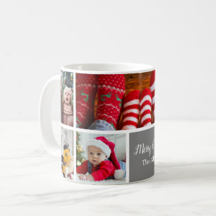 Weihnachten 5 FotoCollage mit Familienname, Silber Kaffeetasse