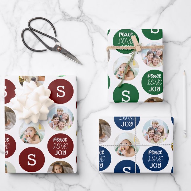 Weihnachten 6 Fotos Monogram PEACE LIEBE JOY Geschenkpapier Set (Vorderseite)