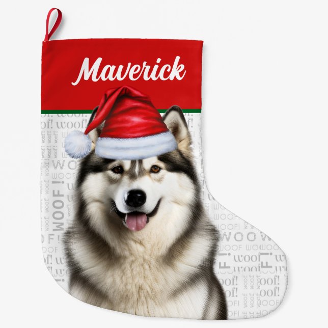 Weihnachten Alaskan Malamute Name Woof Hintergrund Großer Weihnachtsstrumpf (Vorderseite)