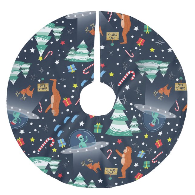 Weihnachten Alien Entführung bigfoot yeti sasquatc Polyester Weihnachtsbaumdecke (Vorderseite)