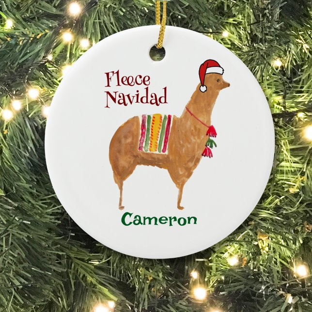 Weihnachten Alpaca Fleece Navidad Niedlich Keepake Keramik Ornament (This hand-illustrated Christmas ornament features an alpaca in a Santa hat. Personalize the reverse!)