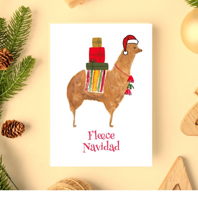 Weihnachten Alpaca HandGezeichnet Faltete Urlaubsk (This hand-painted Christmas llama bearing holiday gifts reads "Fleece Navidad.")