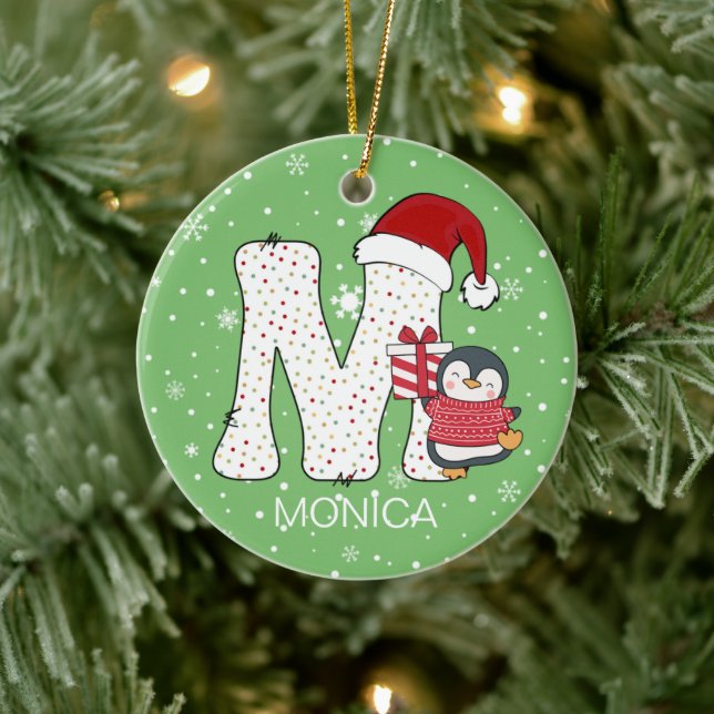 Weihnachten Alphabet M Weihnachtsmannmütze Pinguin Keramik Ornament (Baum)