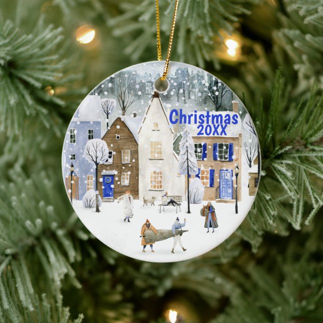 Weihnachten Alpine Ski Mountain Village Straße Sze Keramik Ornament (Baum)