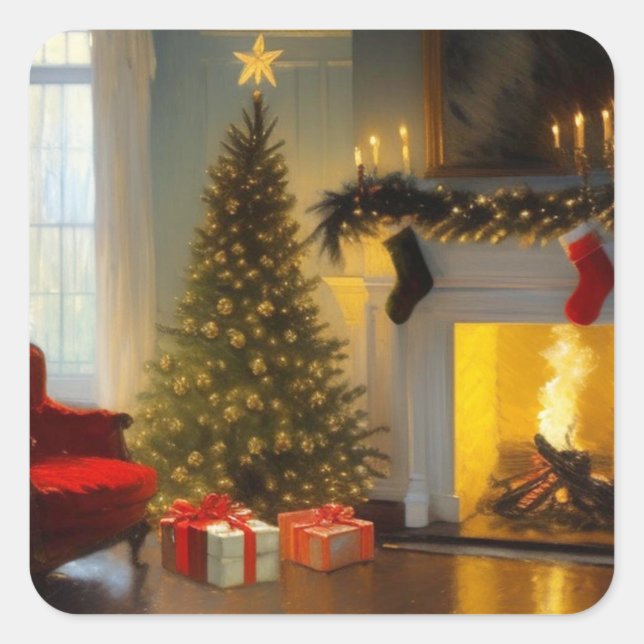 Weihnachten am Feuer Quadratischer Aufkleber (Vorderseite)