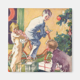 Weihnachten am Morgen, Kinder mit Geschenken Magnet