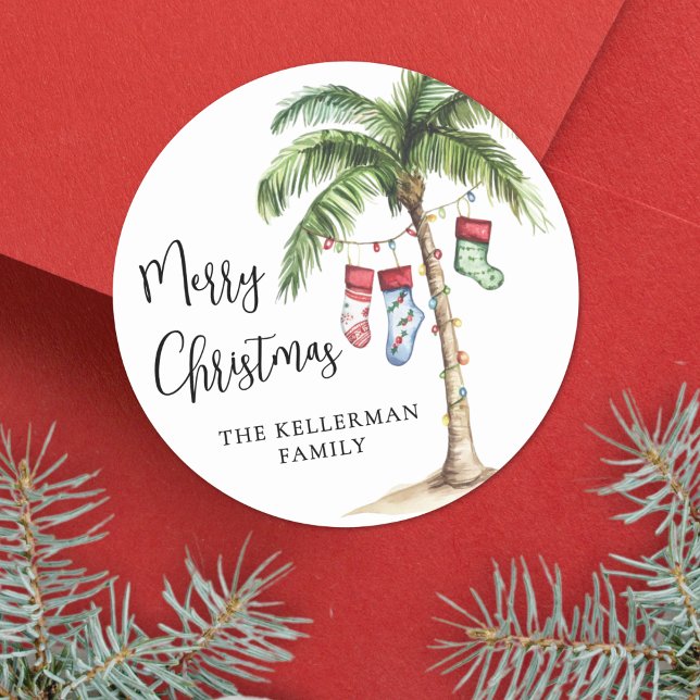Weihnachten am Strand Runder Aufkleber (Tropical Beach Christmas Classic Round Sticker)