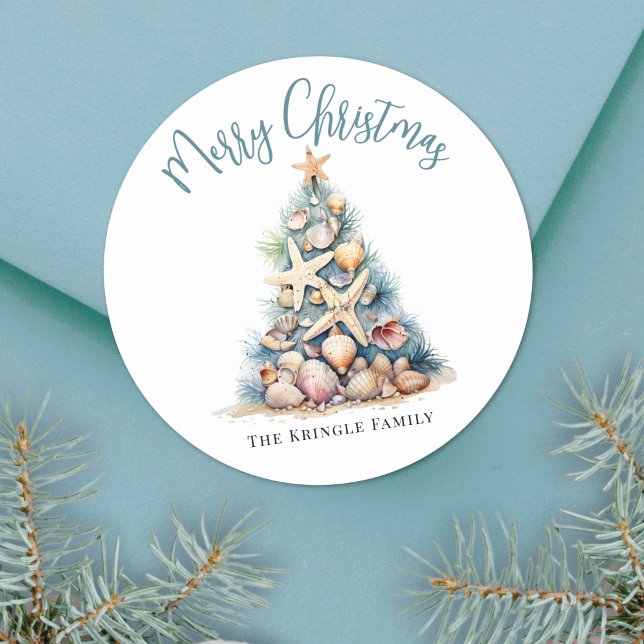 Weihnachten am Strand Runder Aufkleber (Beach Christmas Classic Round Sticker)